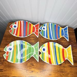 4 Fish Shaped Figural Salad Dessert Dinner Bread Plates Colorful MCM Flowers Inc
